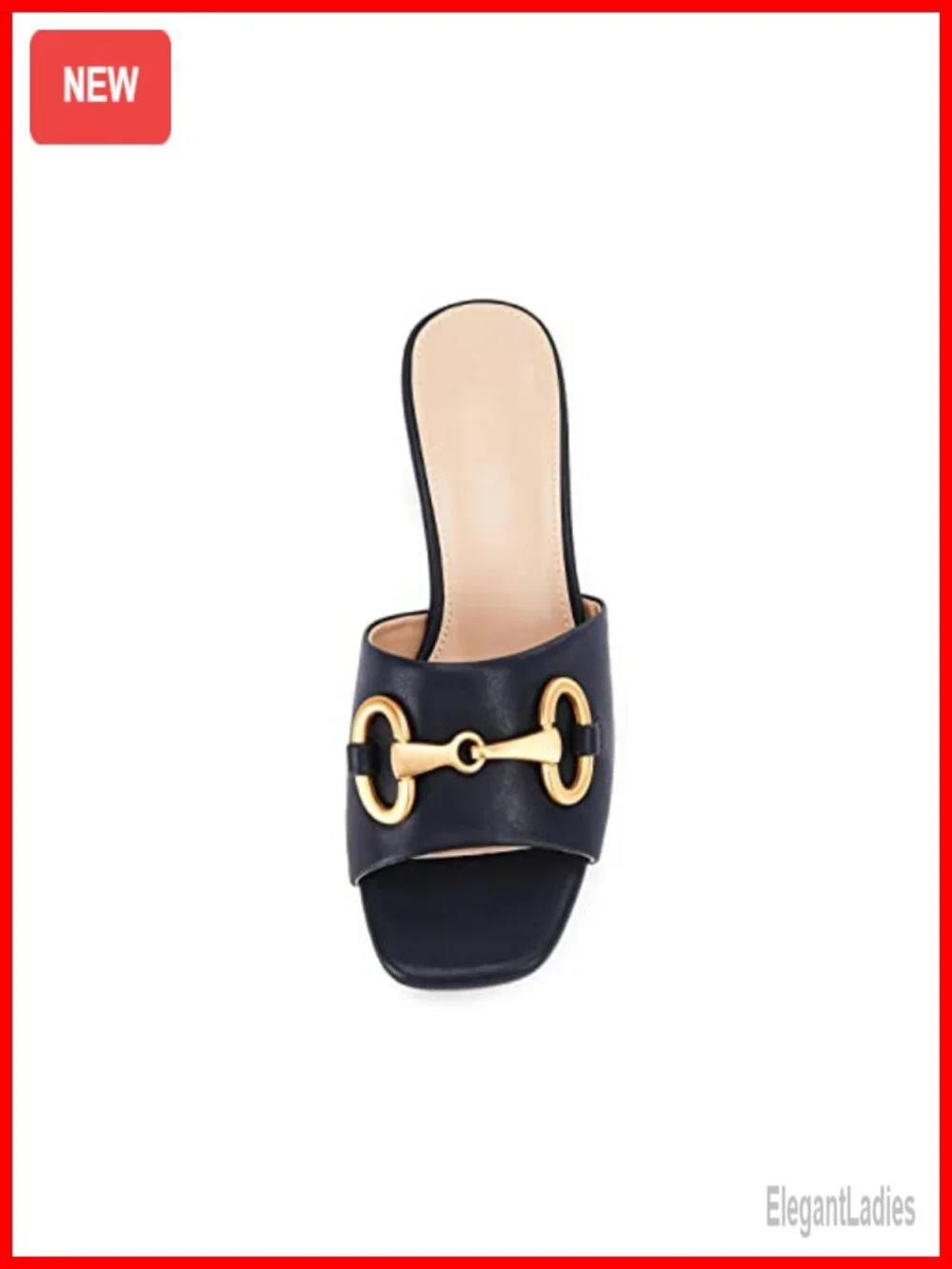 Womens Slide Sandals Square Open Toe Slip On Low Heel Metal Chain Faux Leather